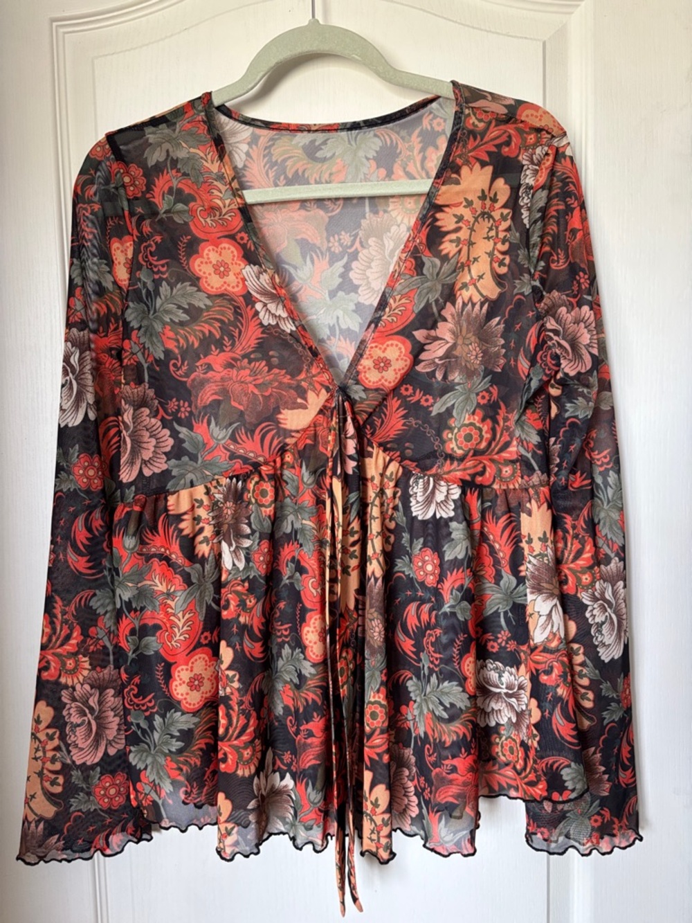 SHEIN Black and Rust Floral Sheer Tie-Front Blouse
